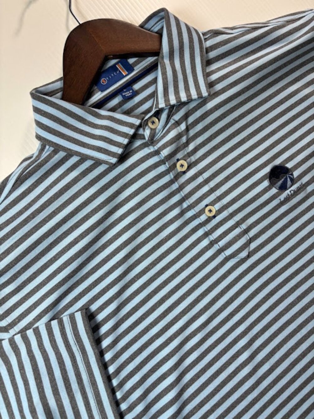Share Stitch Performance Golf Polo Blue & Gray Apex Stripe Size L